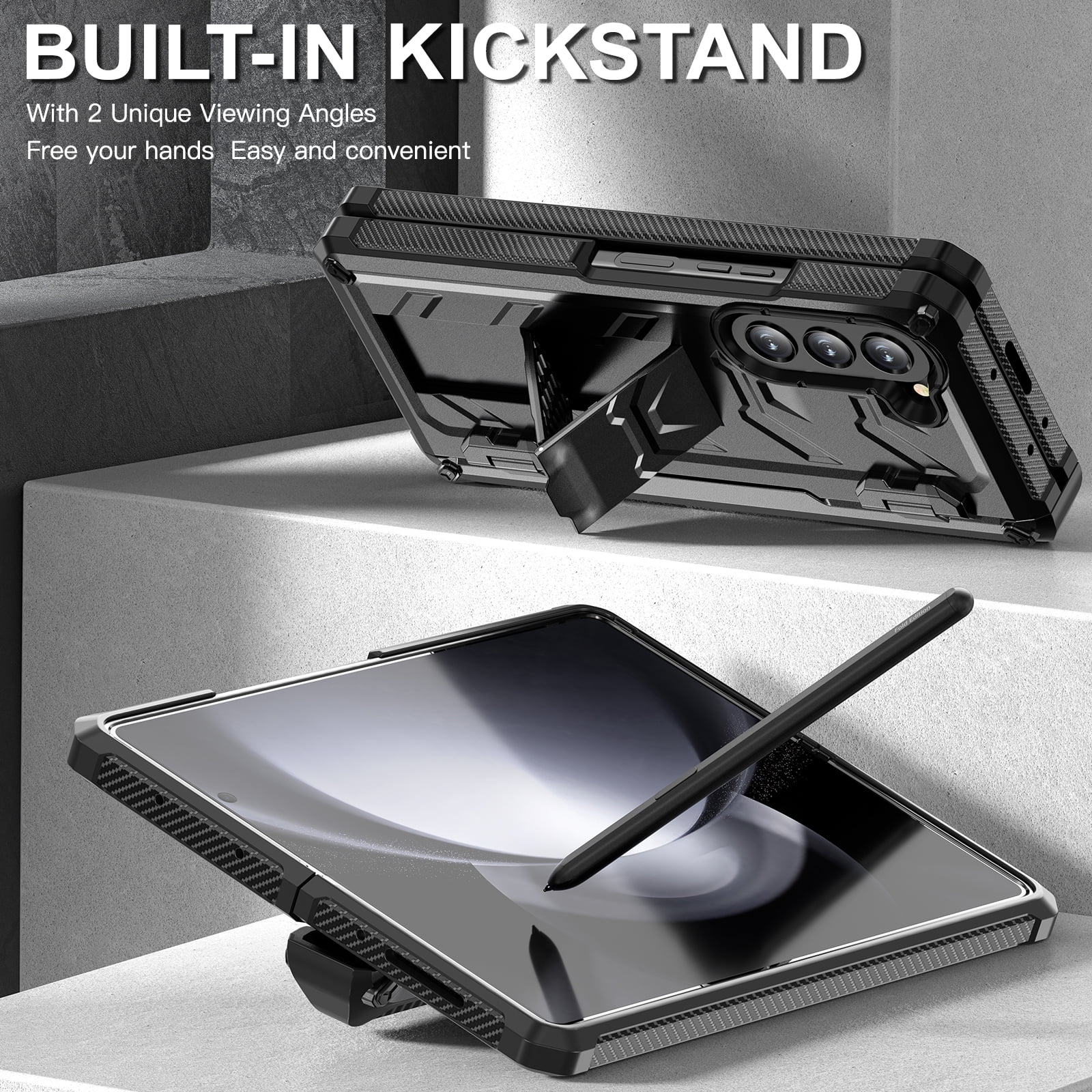 ELEHOLD Rugged Phone Case for Samsung Galaxy Z Fold 5 with Built-in Screen Protector Hidden Kickstand Pen Slot Heavy Duty Full Body Shockproof Case for Samsung Z Fold5 2023,Black