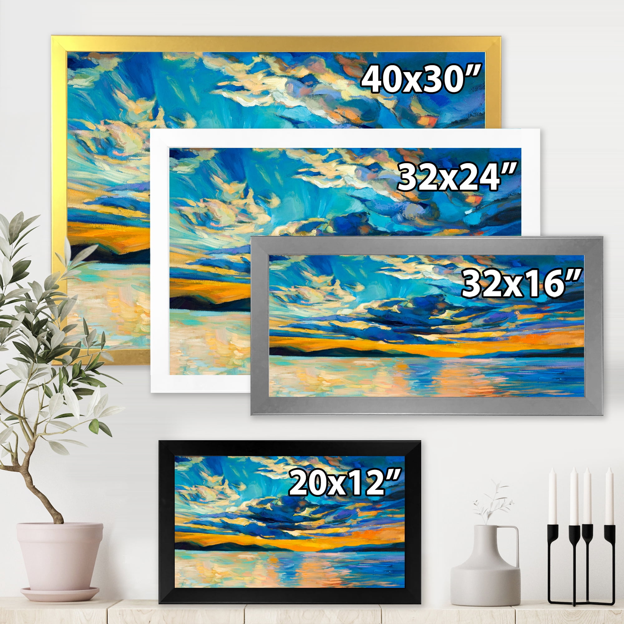 Designart 'Cloudy Sunset Over Wide Open Ocean Horizon' Nautical & Coastal Framed Art Print