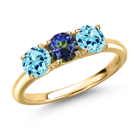 Gem Stone King 18K Yellow Gold Plated Silver Blue Mystic Topaz and Blue Apatite Engagement Ring for Women | 1.49 Cttw | Round 5MM | Gemstone November Birthstone | Size 7