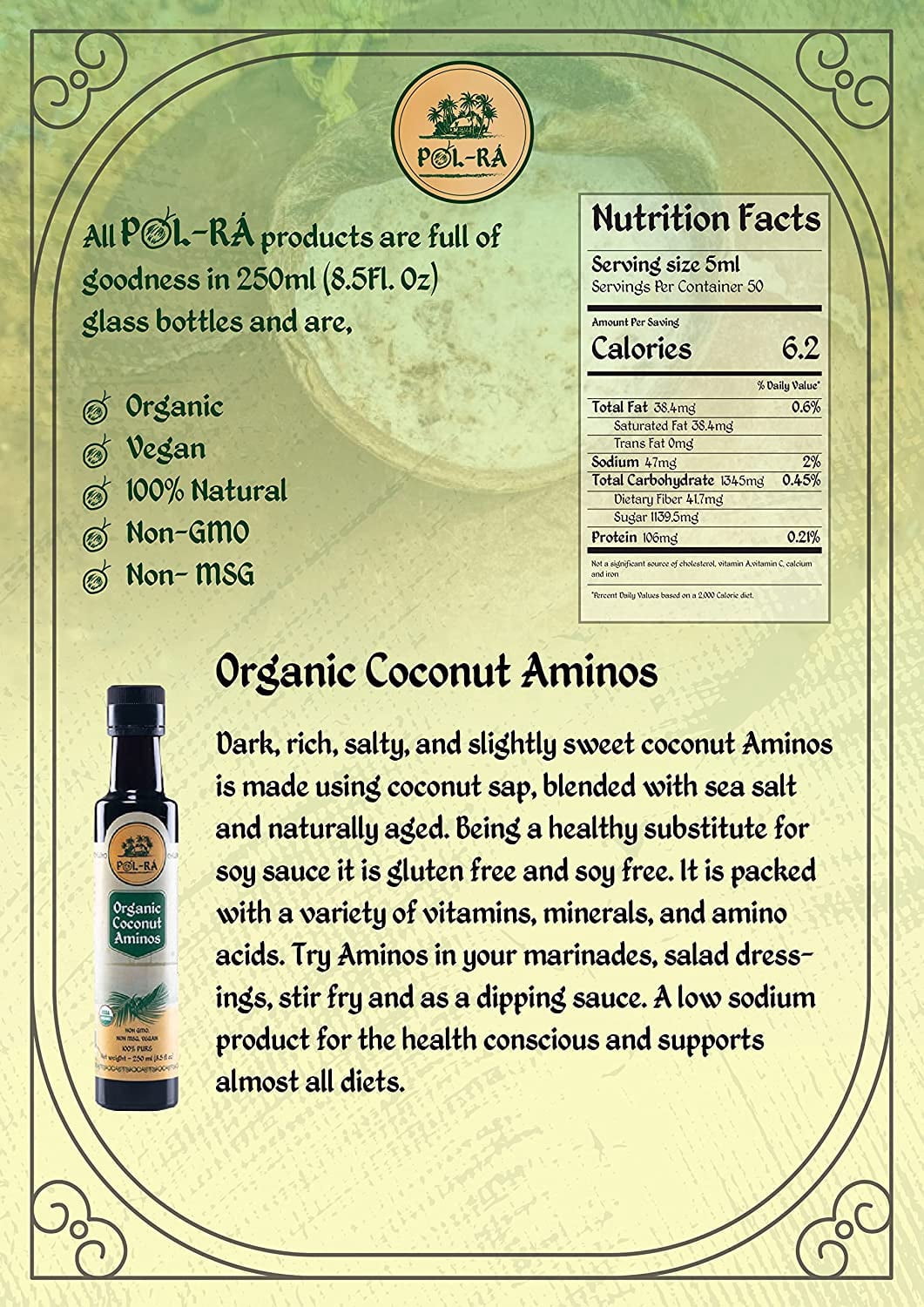 P L-RA  Organic Coconut Aminos - Soy Sauce Alternative - Vegan, Paleo & Keto - Low Glycemic, Low Sodium - Marinade Substitute - Gluten Free - Soy Free - Kosher - 8.5 oz (50 Servings) - Pack of 4