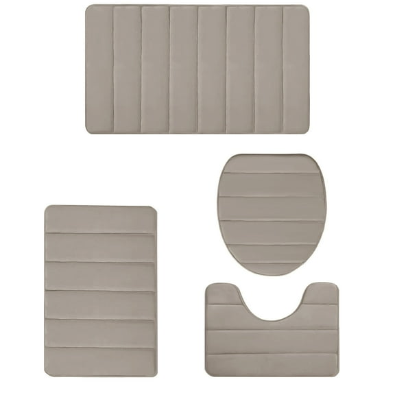Btomtd 4pcs Bath Rug Foam Floor Mat Set Non-Slip Toilet Cover Water Absorbent Layer Thick Machine Washable Carpet, Khaki