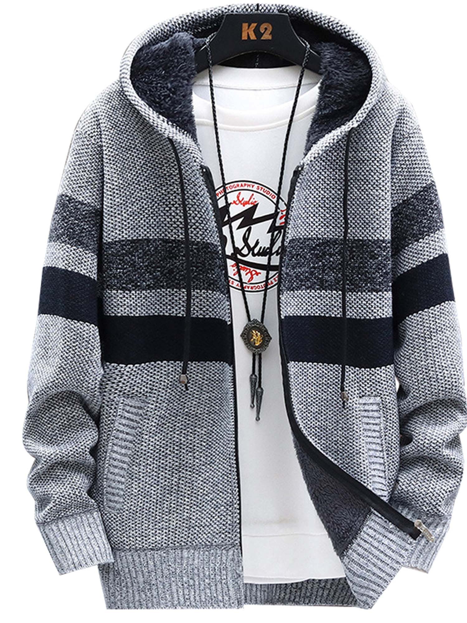 Wodstyle Men Fleece Striped Lined Hoodie Coat Winter Warm Zip Hooded Jacket Tops Outerwear, Men's, Size: Large, Gray