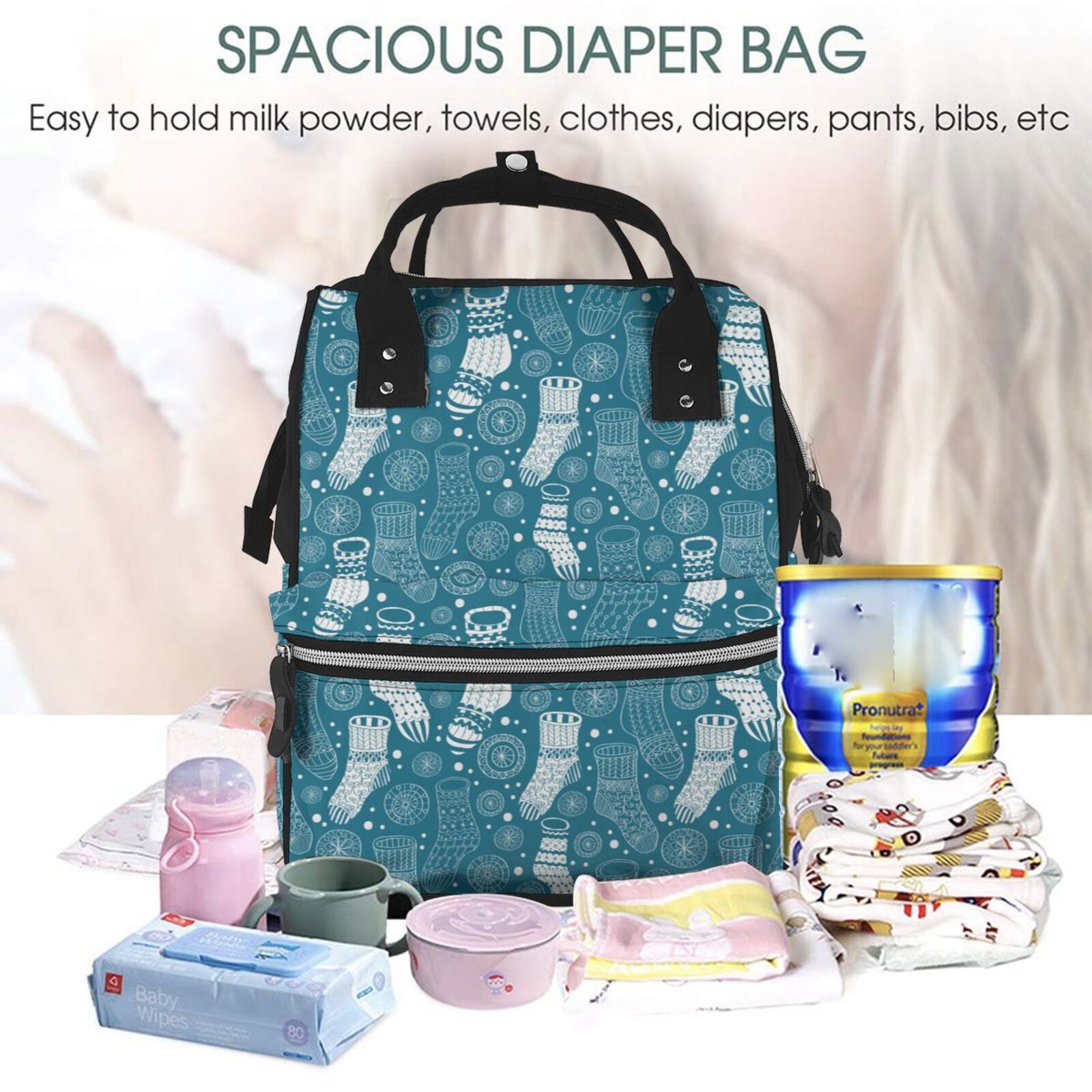 Fuzoiu Cozy Winter Socks Pattern Print Diaper Bag Backpack,Baby Essentials Travel Tote,Multi function Waterproof Diaper Bag, Travel Essentials Baby Bag - Unisex