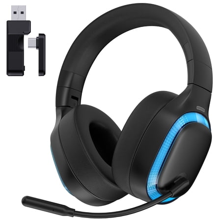 Ecomoment Wireless Gaming Headset for PS5, PC,Switch,Mac with Bluetooth 5.4, 2.4GHz USB PS5 Headset with Mic,Gaming Headphones with RGB Light, 70H Battery Life,Black-Blue
