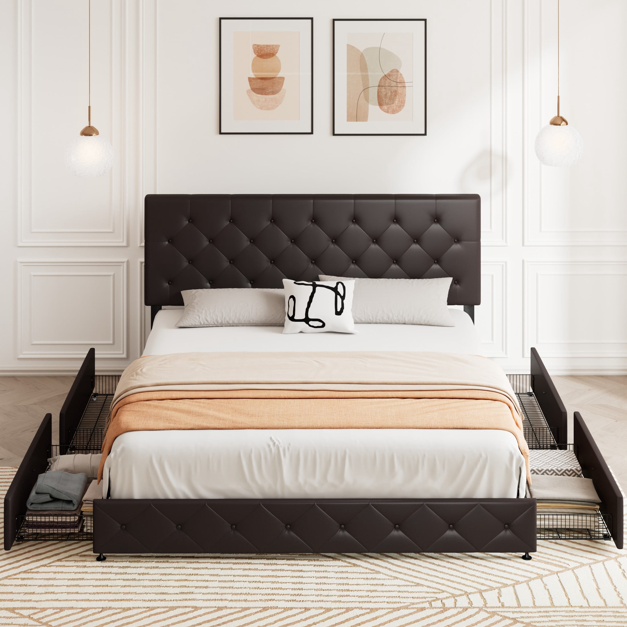 Sifurni King Size Upholstered Platform Bed Frame with 4 Drawers and Diamond Stitched Button Tufted Headboard, Black-brown