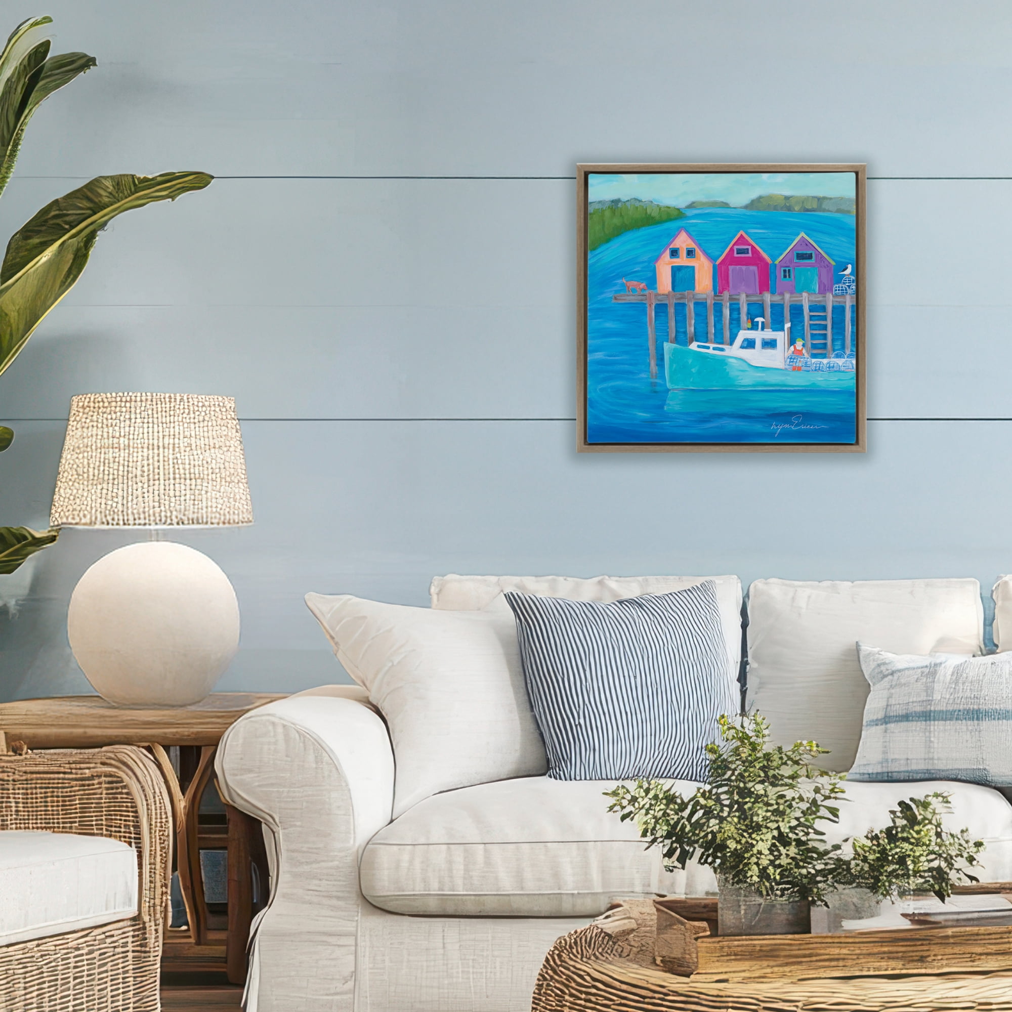 Stupell Industries Work Day at Seaside Village Brown Framed Floater Canvas Wall Art, design by Lynn Ericson Fine Art