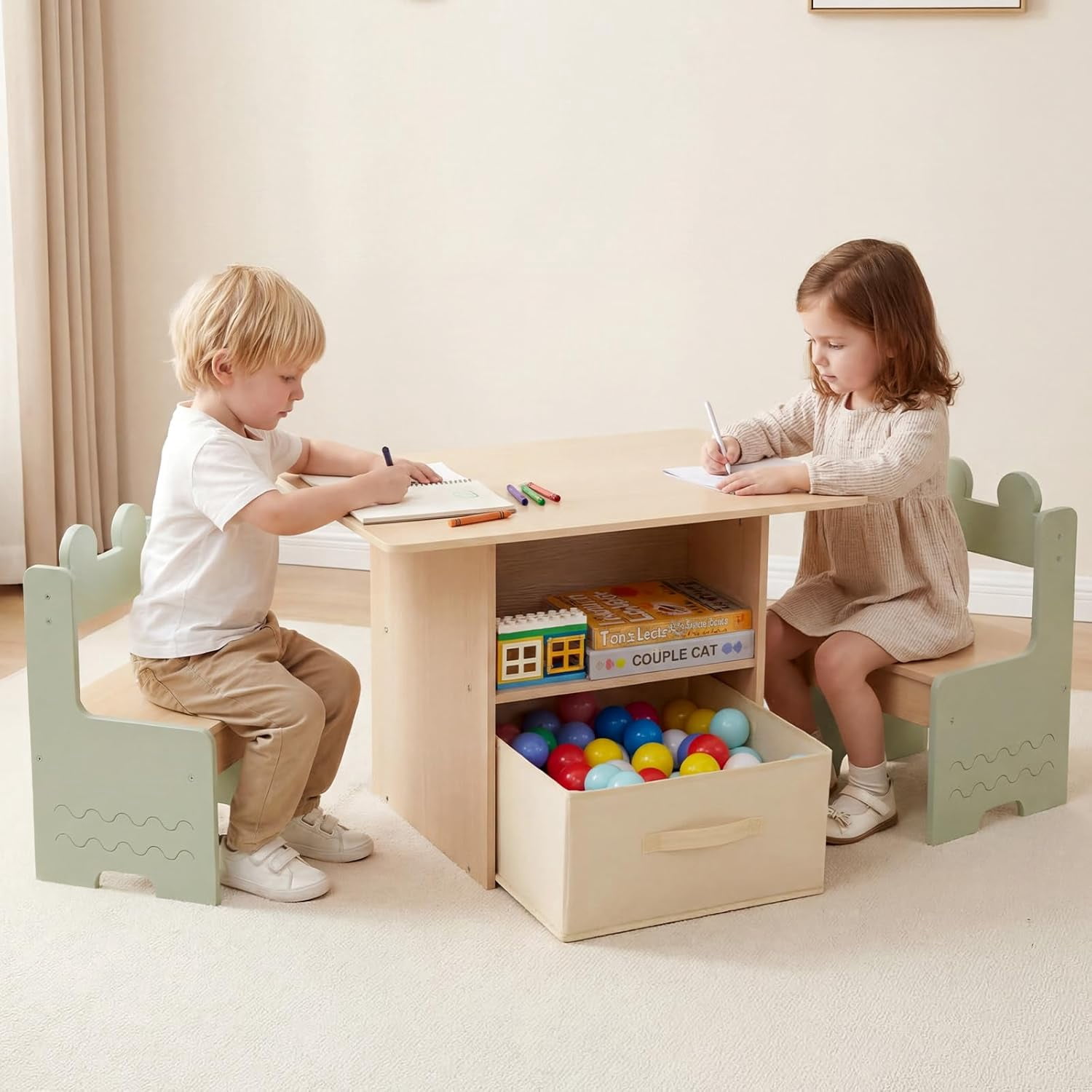 OLAKIDS Kids Table and Chair Set, 4 in 1 Wooden Activity Desk with Foldable Storage Drawer, Children Furniture for Art Crafts Drawing Reading Dining