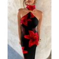 thumbnail image 5 of Red And Black Womens One Shoulder Metal Buckle Decor Bodycon Stretch Maxi Dress With Floral Print, 5 of 8