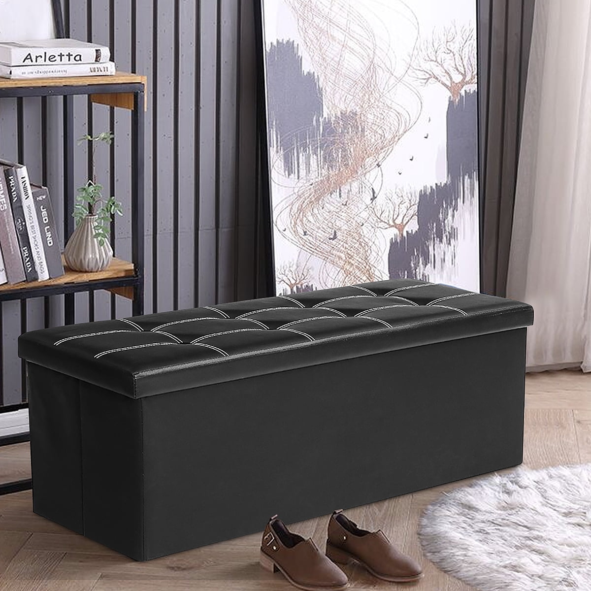 Ottoman Storage Box Bench Stool Cube Seat 76 x 38 x 38cm Grey/Beige Padded Seat 