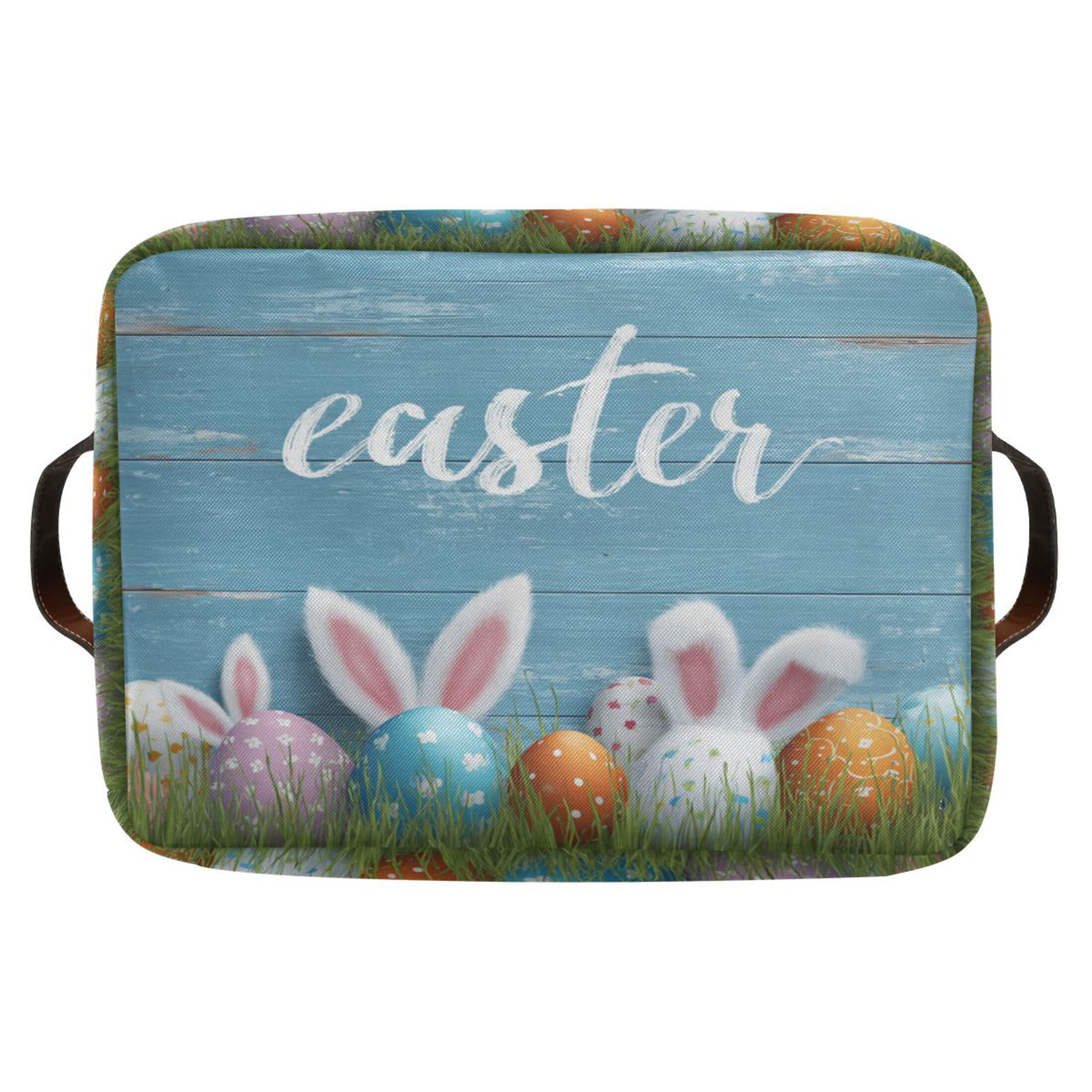Wobogo Bunny Ear Easter Egg Square Storage Basket Set of 2 with Waterproof Canvas and PE Lining Durable PU Leather Handles 14.2×10.2×8.3in