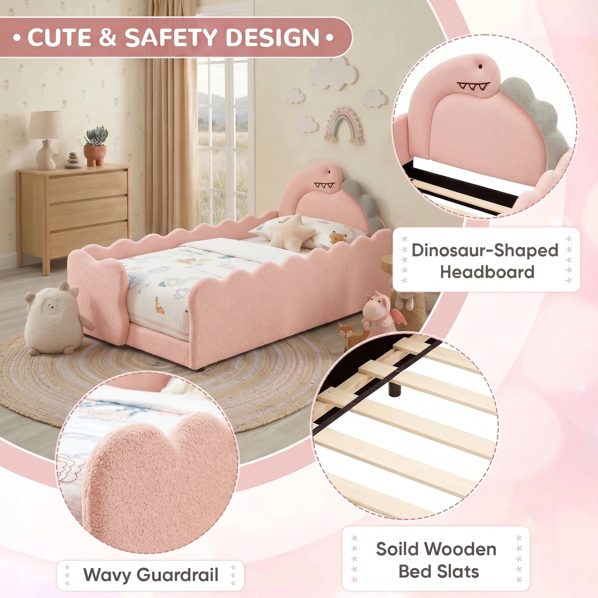 AISWORD Twin Size Kids Bed with Dinosaur Headboard, Upholstered Daybed with Slats Support & Side Pocket, Space-Saving Wooden Corner Sofa Bed, Pink