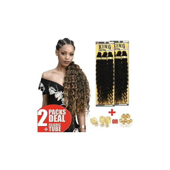 Bobbi Boss King 3X Value Pre-Feathered Ocean Wave 28" Braid  with Gold Filigree Tube 3pcs - ( 1b  Off Black )