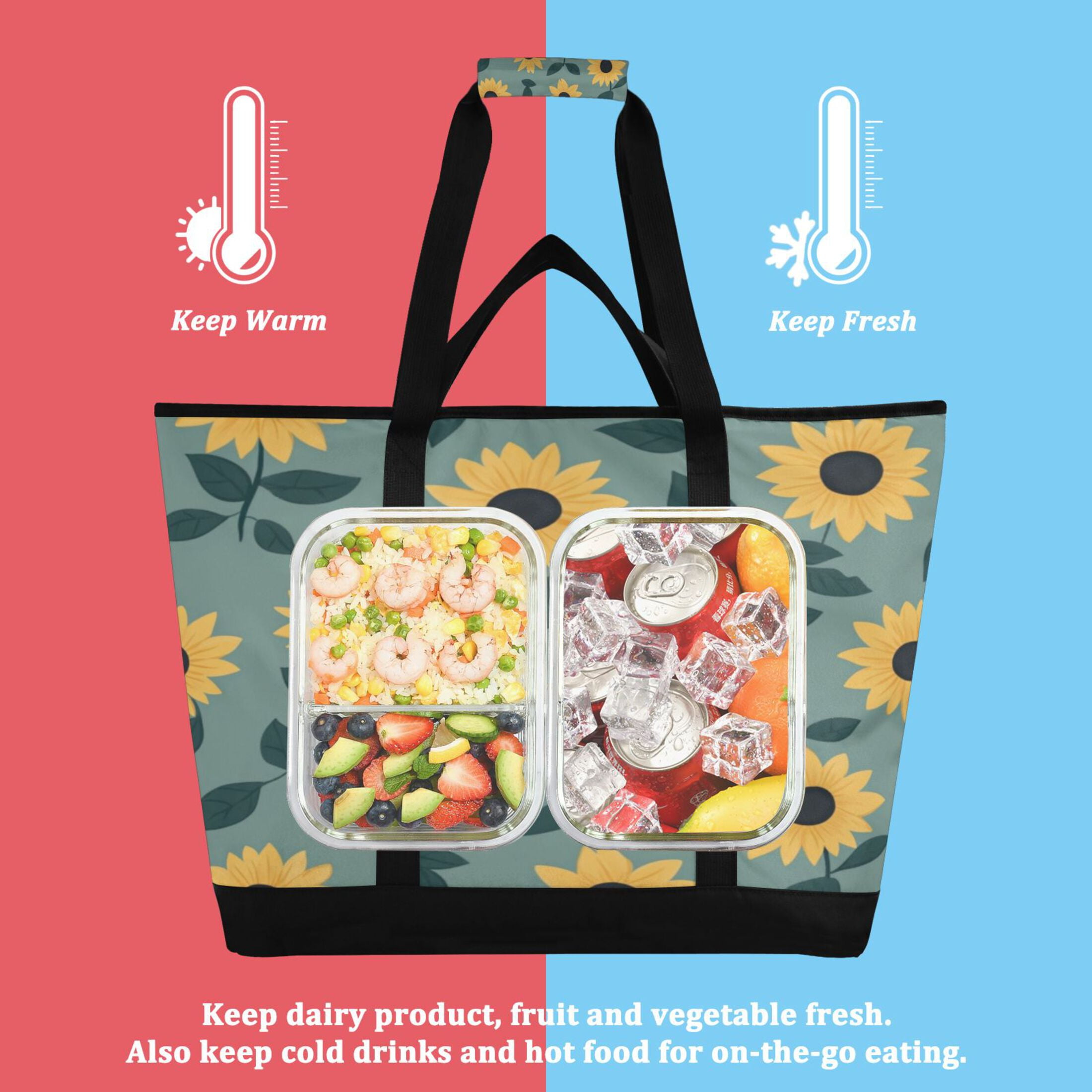 Large Hand-held Ice Pack Picnic Bag Insulation and Refrigeration Suitable for Shopping Picnics and Camping Lovely Sunflower