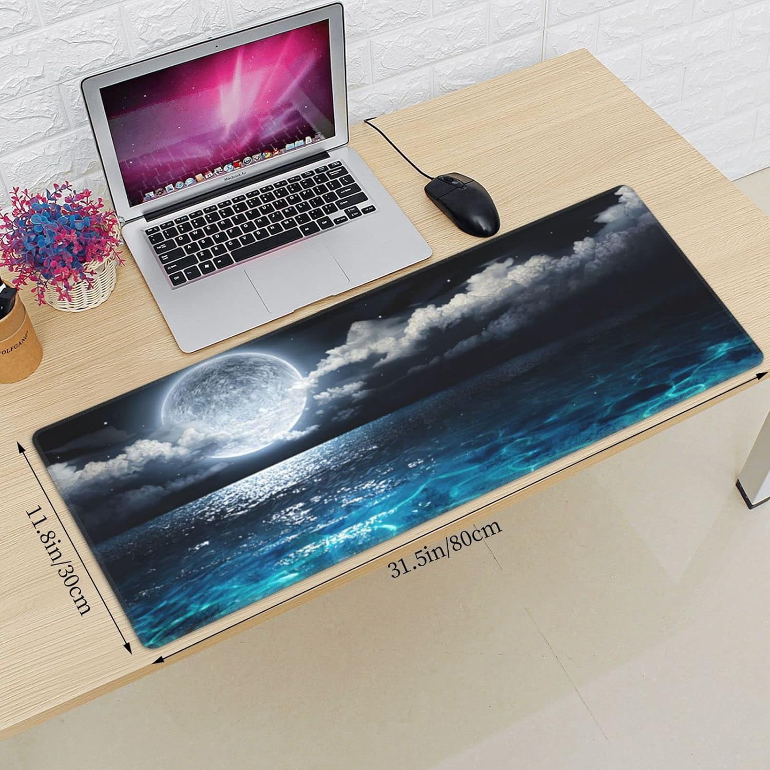 Blue Clear Ocean Moon Mouse Pad XL Extended Desk Mat, Non Slip Rubber Base Stitched Edge Gaming Pc Desktop Large Mice Pad,31.5 x 11.8 Inch