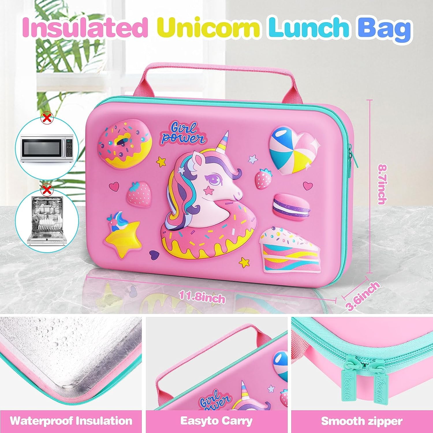 JYPS Insulated Unicorn Lunch Bag Bento Box for Girls,Lunch Box Set with 4  Compartment Bento Box Water Bottle Ice Pack Salad Container Food  Picks,Perfect Kids Lunch Boxes for School Age 7-15 