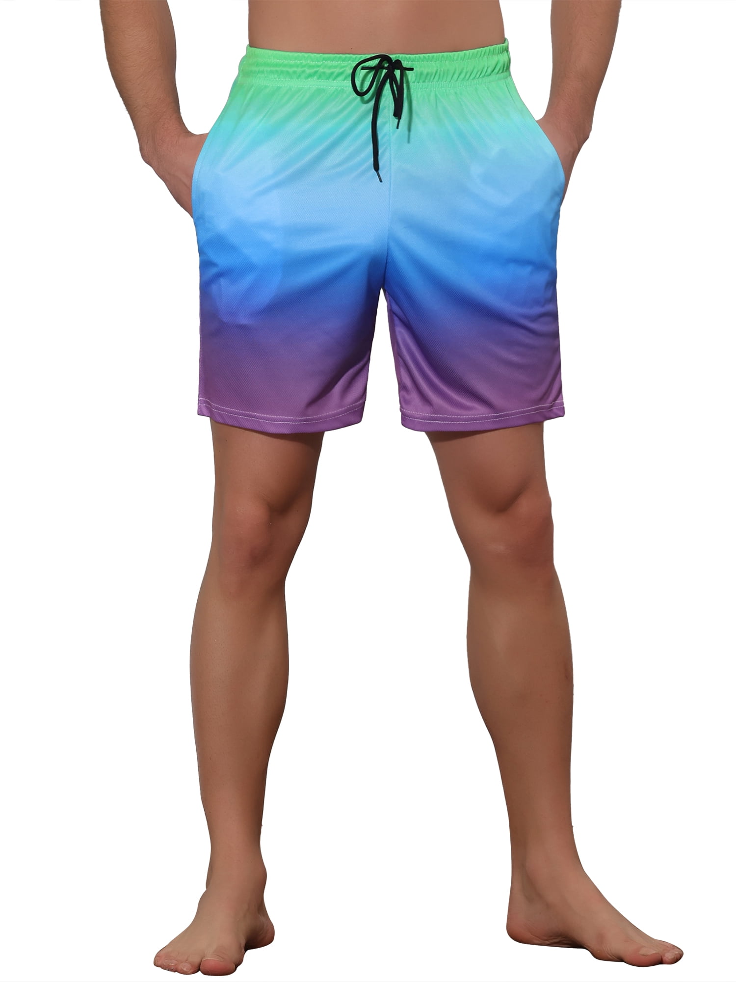 Unique Bargains Men's Contrast Color Summer Beach Colorful Swimwear Shorts 30 Green Blue