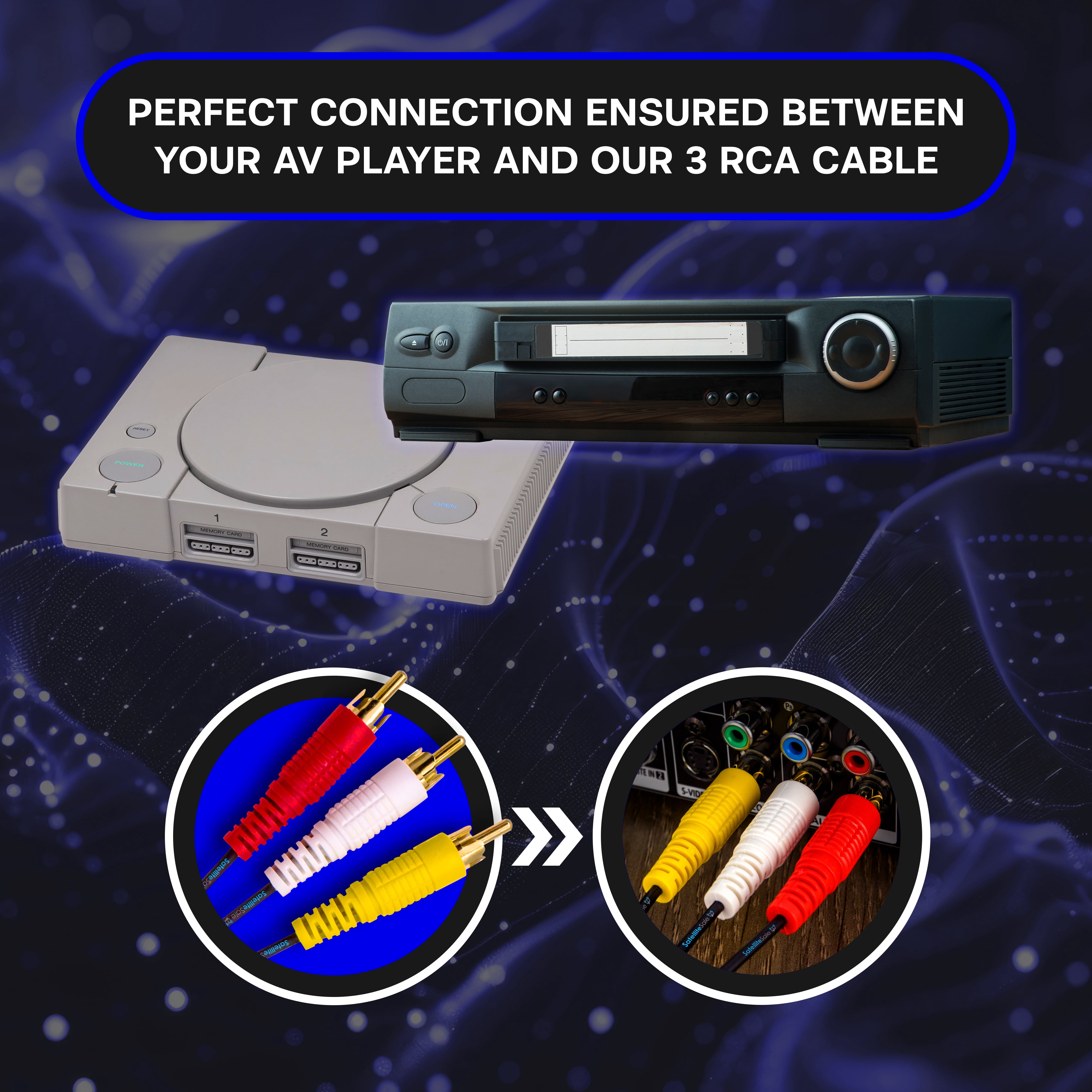 SatelliteSale 3 Male to 3 Male RCA Audio Video AV Composite Cable Universal Wire PVC for TVs, Speaker, Retro Gaming Consoles, Black Cord 100 feet