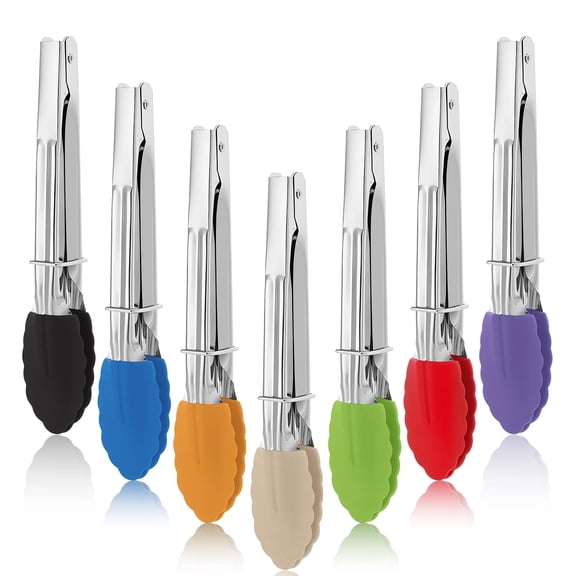 GMZW 7 Pack 7-Inch Mini Serving Tongs with Soft Silicone Tips, Multicolor Heat Resistant Small Food Tongs, Rustproof Stainless Steel Handle Kitchen Tongs for Salad, Baking, Grilling, Buffet Serving