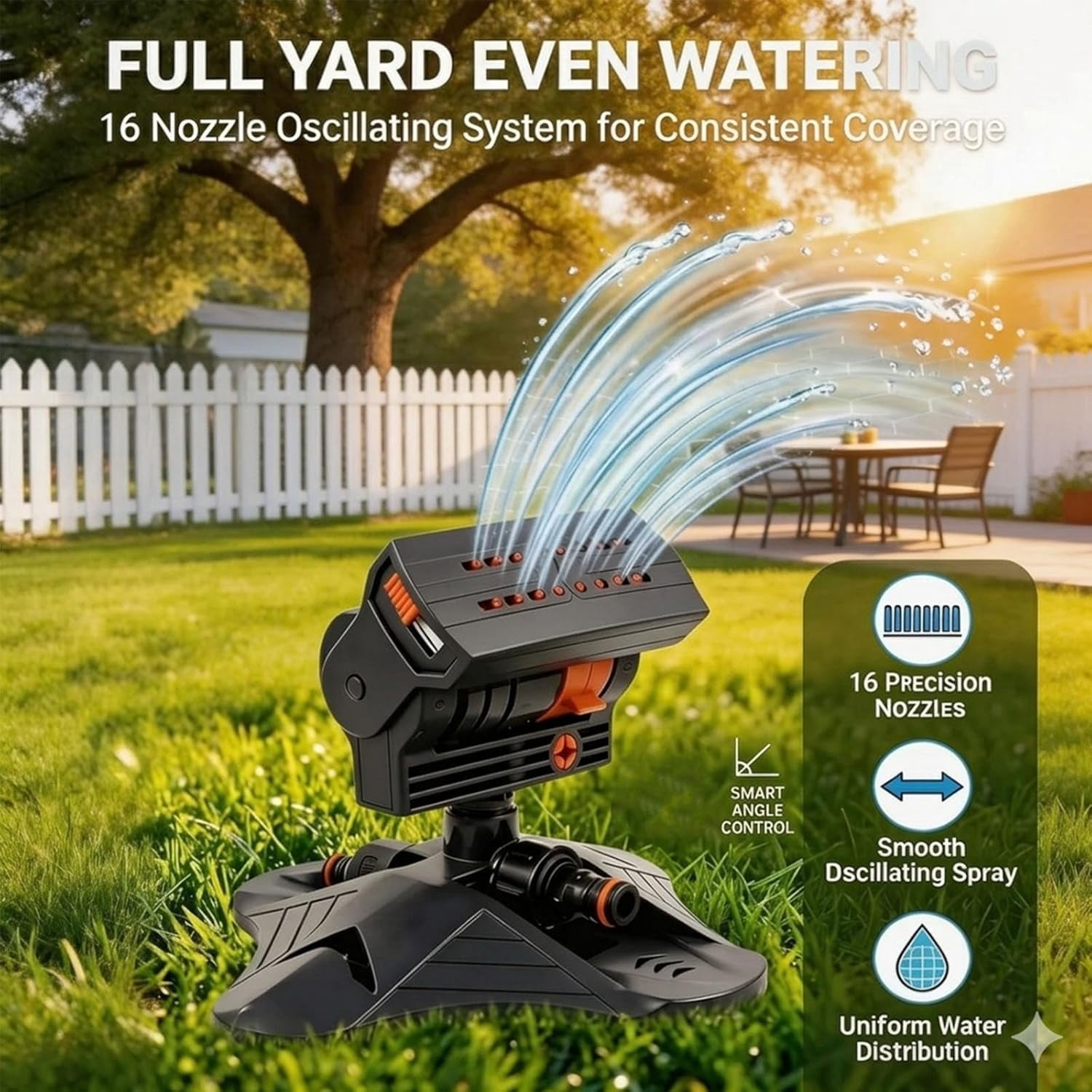 Upgraded 16-Nozzle Oscillating Sprinkler with Dual-Zone Water Timer – Mini Turbo Lawn Sprinkler for Yard & Garden, Adjustable Coverage up to 3,000 sq ft