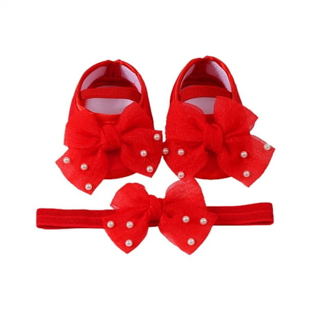 Mildsown Baby Girls Baptism Shoes and Headband Pearl Bow Flats and Hairband