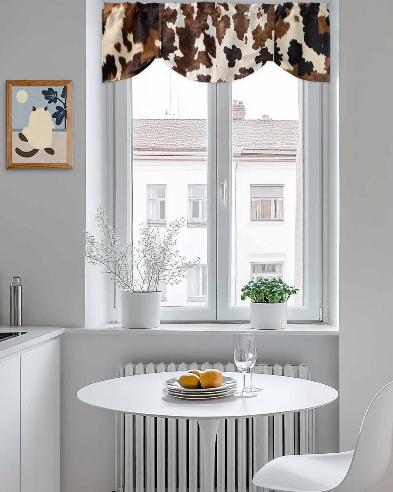 Cowhide Tie Up Valances Curtain, Adjustable Kitchen Cow Skin Texture Valances for Windows Decor, Rod Pocket Short Curtains Set for Bedroom/Bathroom, 60"x18"