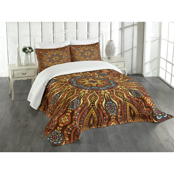 Ambesonne Ethnic Quilted Bedspread Set 3 Pcs, Warm Colored Design Boho, Queen Size, Marigold Yellow