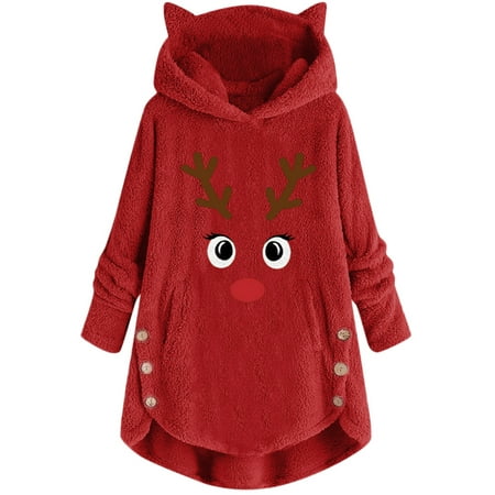 

MAWCLOS Women Christmas Elk Hooded Pajamas Sherpa Fuzzy Fleece Hoodies Pullover Sweatshirt Sweater Plus Size Winter Coat Outwear