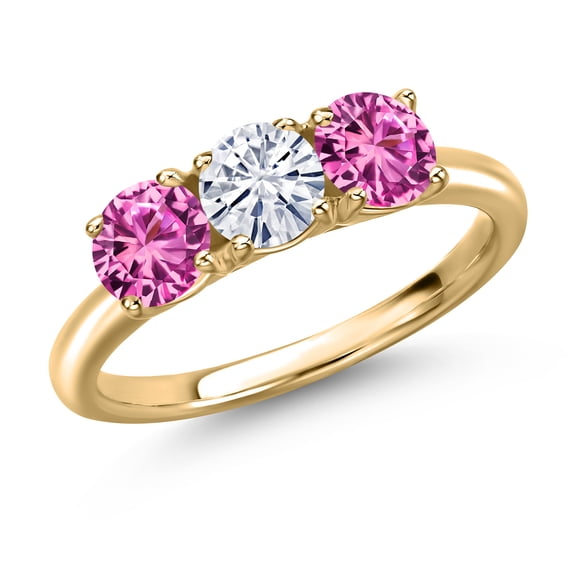 Gem Stone King 10K Yellow Gold White Moissanite and Pink Created Sapphire Engagement Ring for Women | 1.60 Cttw | Round 5MM | Gemstone Birthstone | Size 7