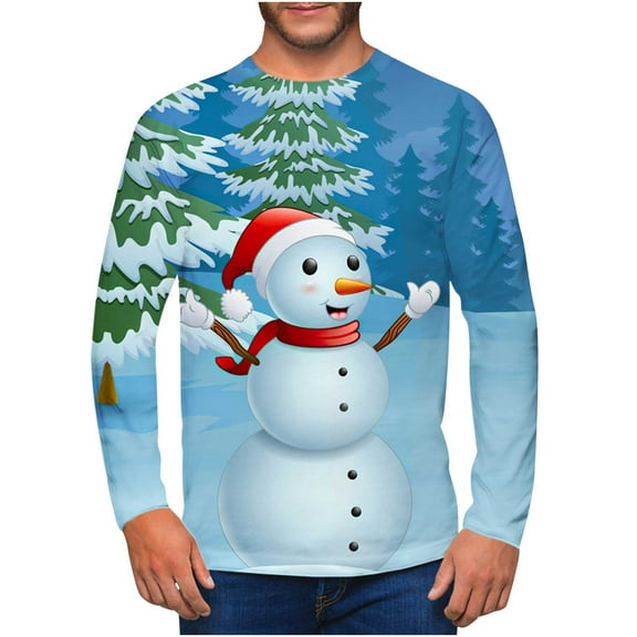 BLTIBY Christmas Sweatshirts for Men Winter Autumn Xmas Snowman Printed Long Sleeve Round Neck Blouse Casual Fashion Lightweight Pullover Jumper Top 2024 Blue L