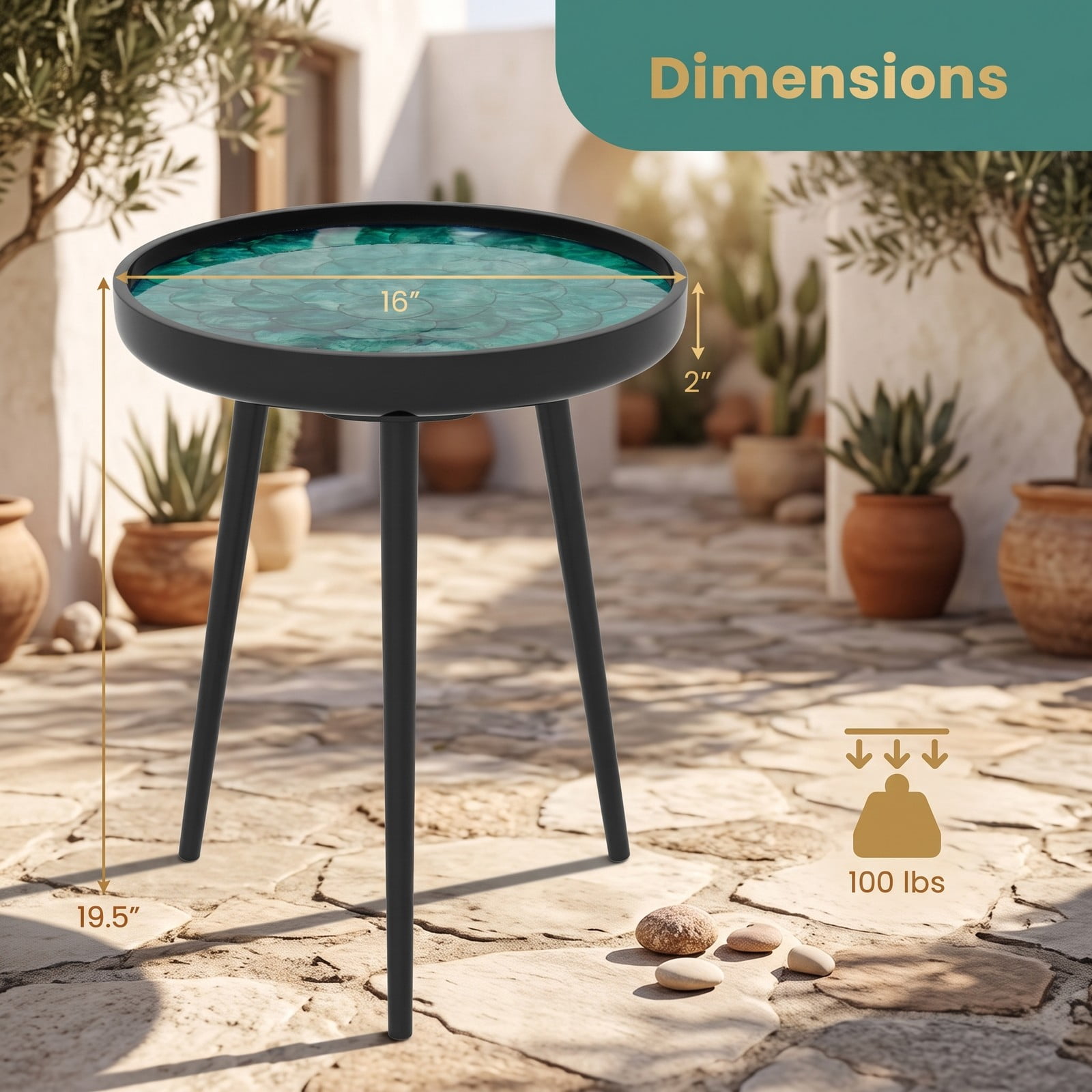 Furnibear 16 Inch Mid-Century Modern End Table, Handmade Sea Shell Accent Side Table with Epoxy Resin Waterproof Tray Top and Mahogany Wood Legs for Living Room, Green