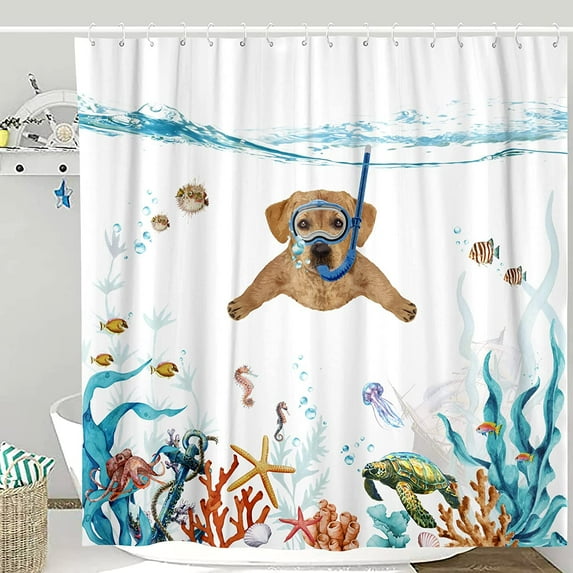 Sea Turtle Shower Curtain Teal Blue Ocean Waterproof Fabric Shower Curtains for Bathroom with Funny Animal Octopus Starfish Anchor Fish Nautical Bath Curtain Decor (Teal, 72''''×72'''')