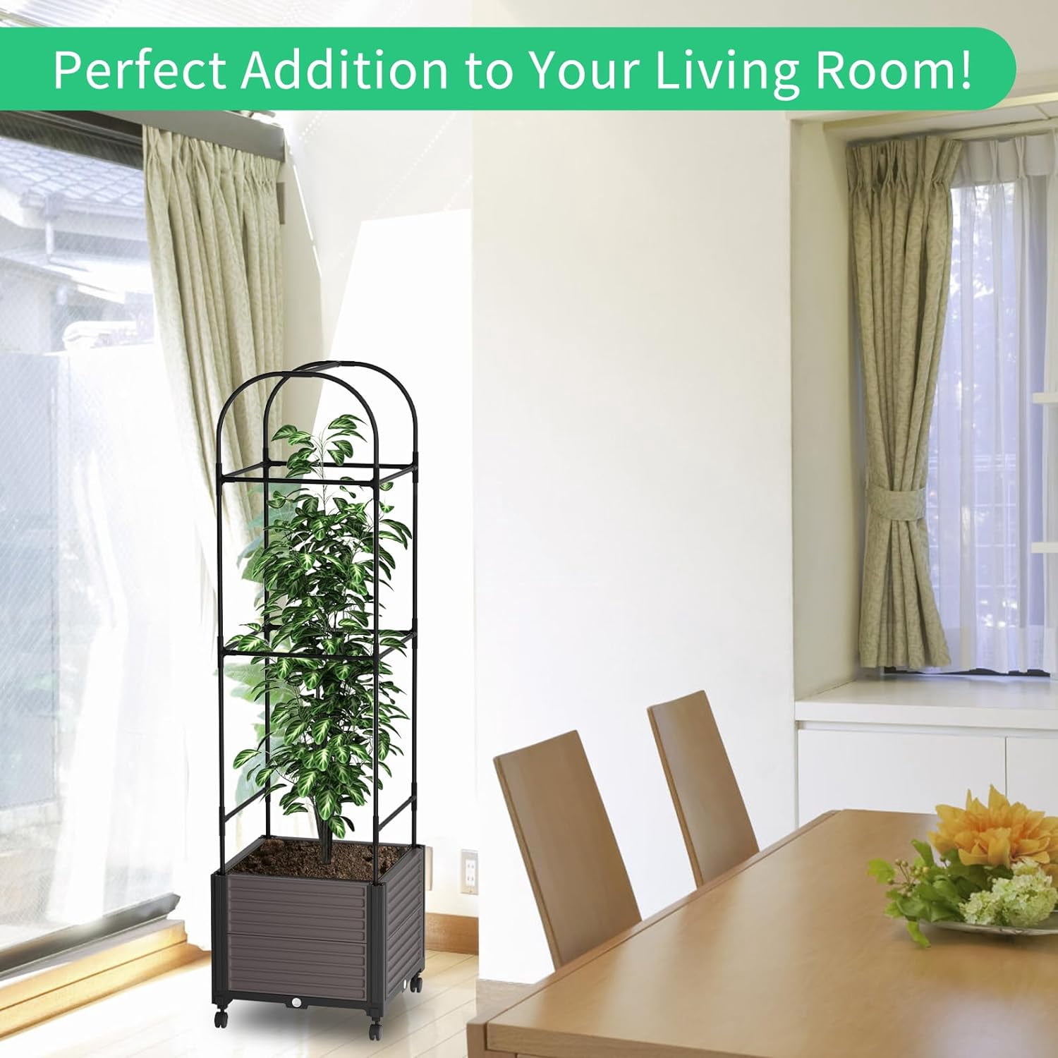 FISICOG Planter Box with Trellis & Wheels, Garden Bed for Climbing Plants Outdoor Indoor, Self Watering Raised Garden Bed Tomato Cage Planter Box for Vegetables Herbs Flowers