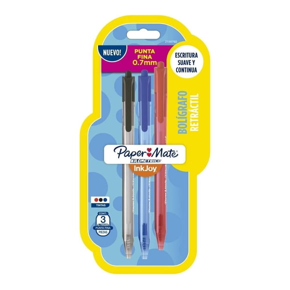 Bolígrafo Retráctil Paper Mate Punta Fina Ink Joy 3 pzas