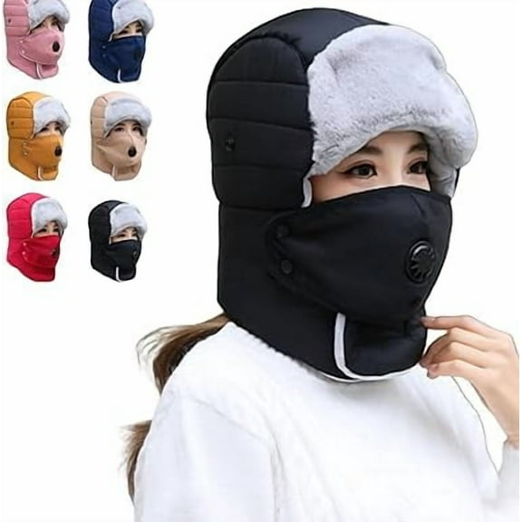 Thermal Hat with Detachable Breathing-Valve Mask, Heavy Duty Cold Weather Gear, Adjustable Fleece Pullover Cap for Men Women（Black）