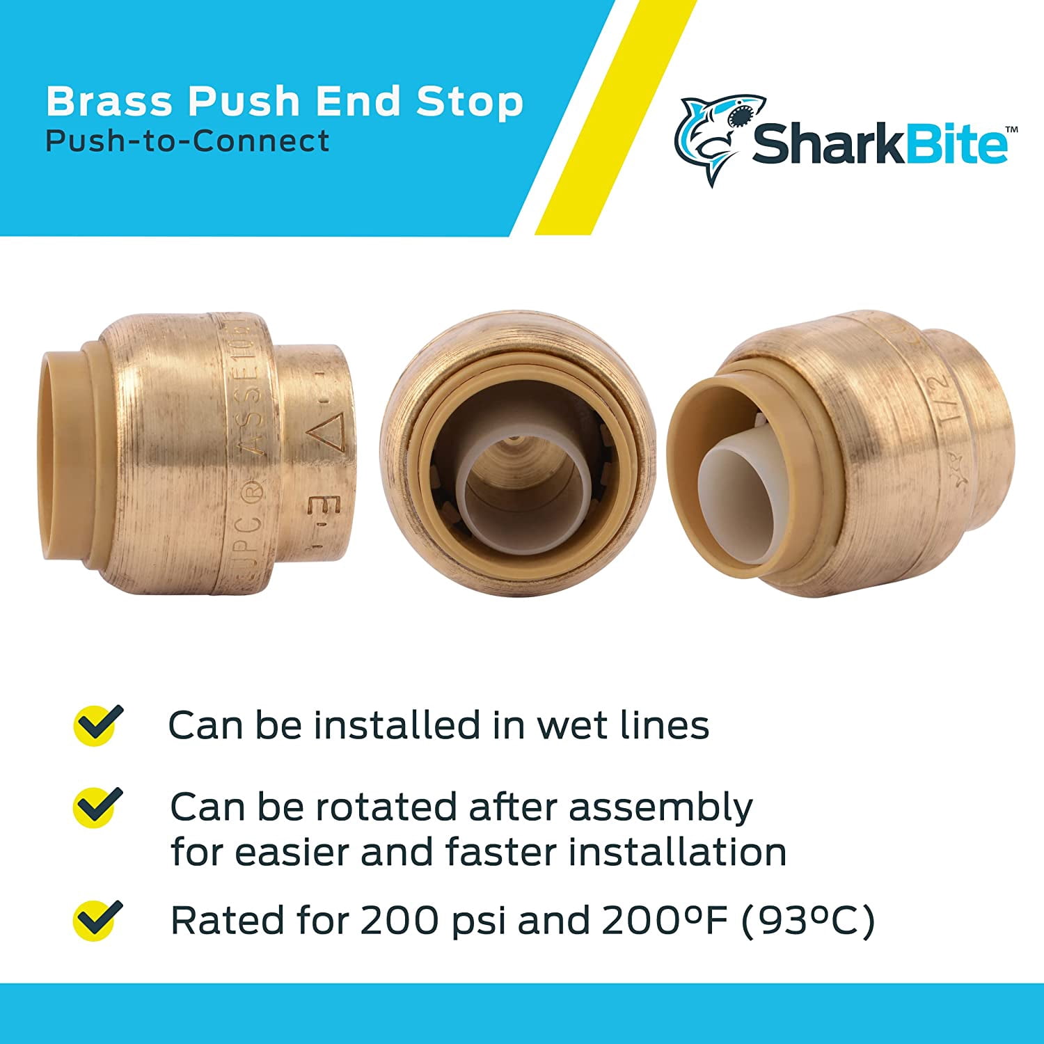 SUNGATOR End Cap, 1/2-Inch Push Fit PEX Cap Fittings, Push-to- Connect, No Lead Brass Plumbing Fittings With Disconnect Clip For Copper, CPVC (2-Pack