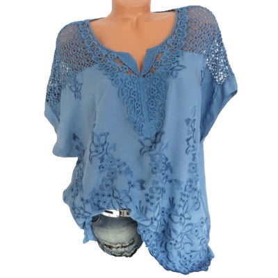 Plus Women Fashion Loose Lace Blouse V Neck Bat Sleeves T Shirt Hollow Out Tops - Walmart.com