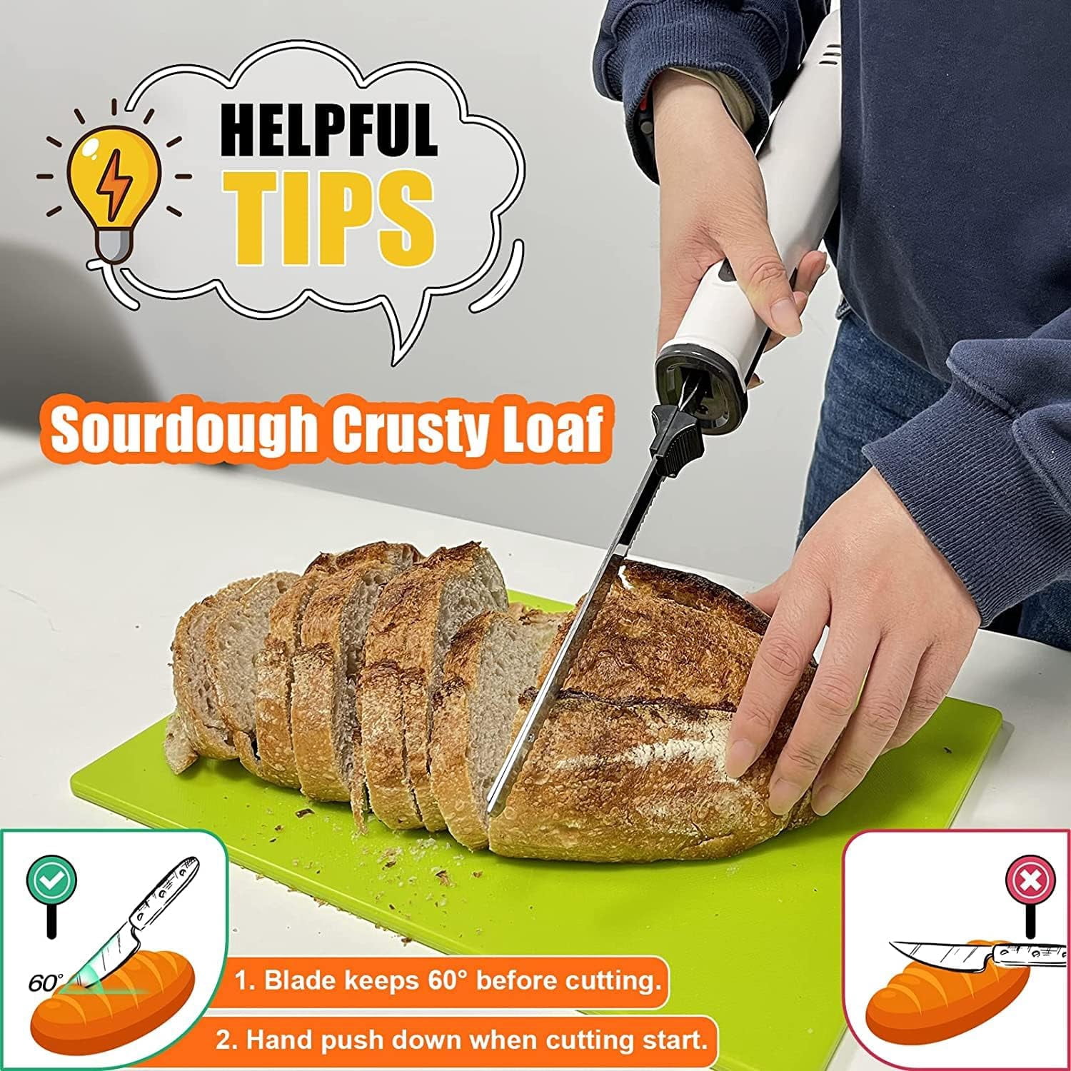 Cordless Electric Knife Carving for Meat Turkey and Bread, 8V Battery Powered Electric Knife with 4 Stainless Steel Blades, Safety Lock