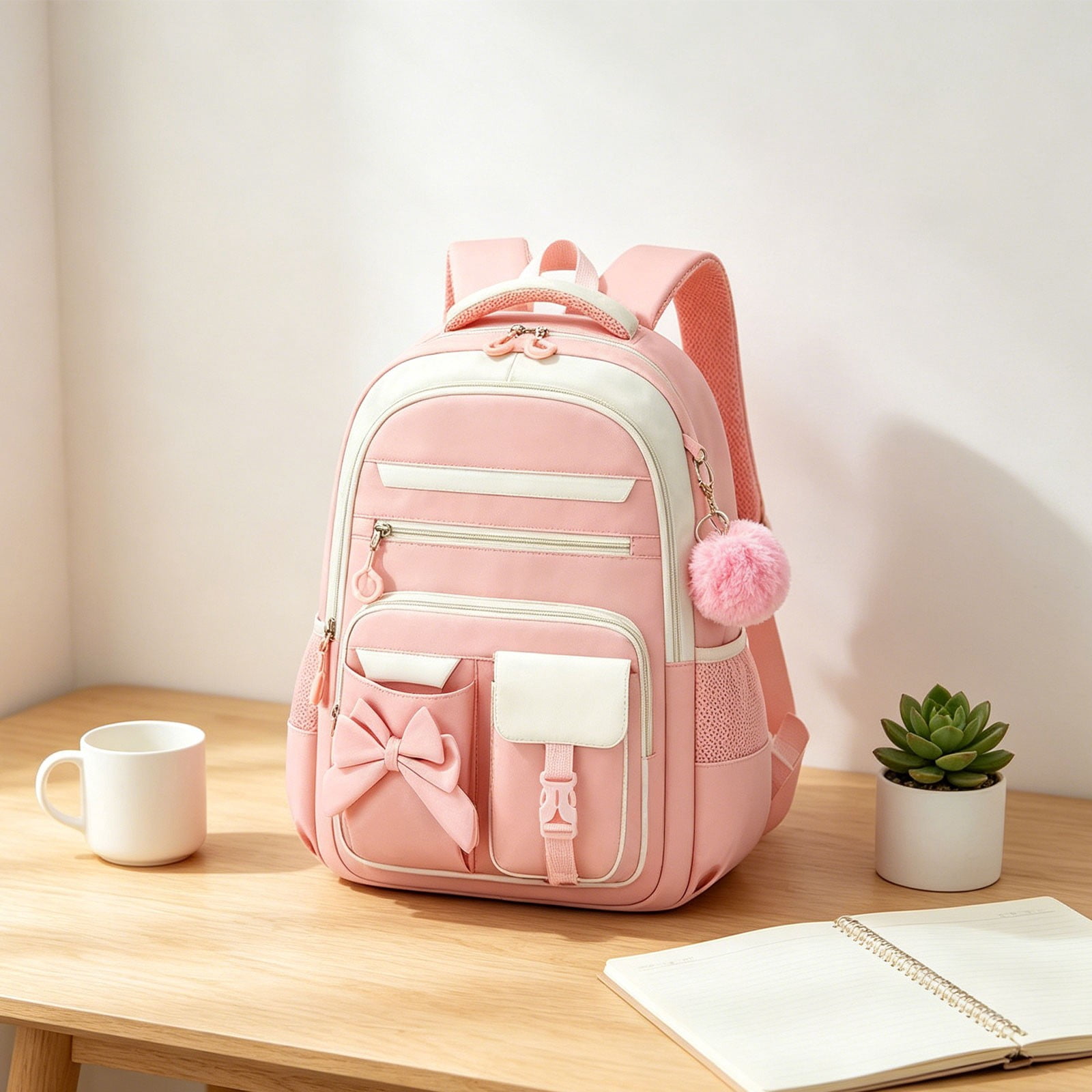 Cute Office Backpack for Teen Women Kawaii Waterproof Large Capacity Bookbag for Elementary Middle Office Preppy Aesthetic Book Bag with Cute Accessories for Ages 6-8 8-10 10-12 (Pink)