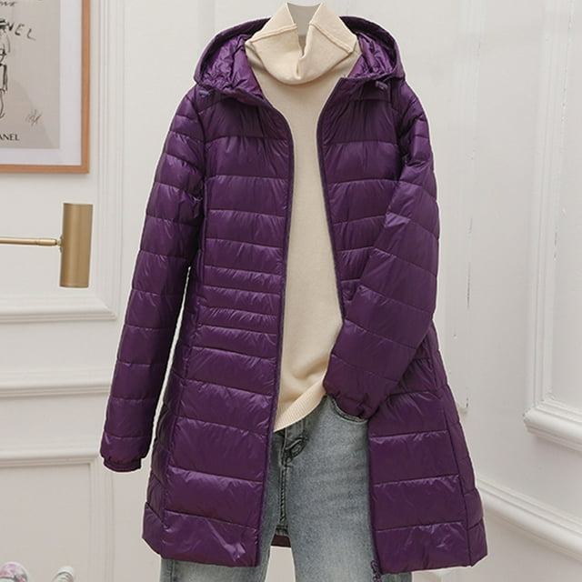 Parkas de manga larga para mujer, chaqueta de plumón ligera con capucha, chaqueta fina de talla mediana, larga y grande para mujer