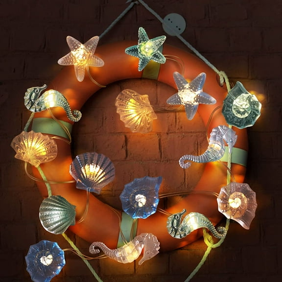 Morttic10ft 30LED Ocean String Lights Seashell Seahorse Conch Starfish Lights Battery Operated with Remote Waterproof Lights for Home Party Decor