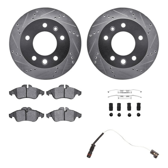 Dynamic Friction Company Front Brake Rotors-Drilled and Slotted-Silver with Heavy Duty Brake Pads includes Sensor and Hardware 7222-40006