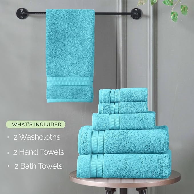 Elegant Comfort 6-Piece Towel Set - Three Line Popcorn Design, 100% Turkish Cotton, Soft and Absorbent, Quick-Drying, 2 Bath Towels, 2 Hand Towels, 2 Washcloths - Aqua