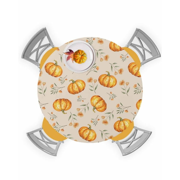Fall Thanksgiving Harvest Pumpkin Fitted Tablecloth for 55-60in Round Tables,Waterproof Table Cover,Seamless Watercolor Flower Leaves Elastic Edge Table Cloths for Dining Kitchen Holiday Party Decor