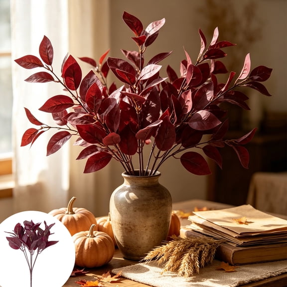2 PCS Artificial Wine Red Leaves Branches, 12.5 Inch Fake Fall Foliage Stems, Artificial Leaves Christmas Decorations for Vase, Living Room Home Table Floral Arrangements