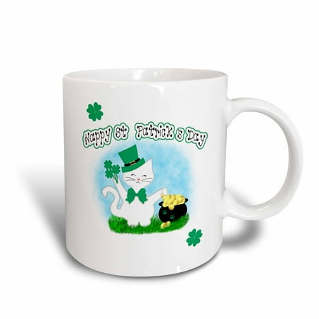 Patricks Pot - 3dRose Cute White Cat Lovers - Happy St Patricks Day Pot of Gold - Ceramic Mug, 15-ounce