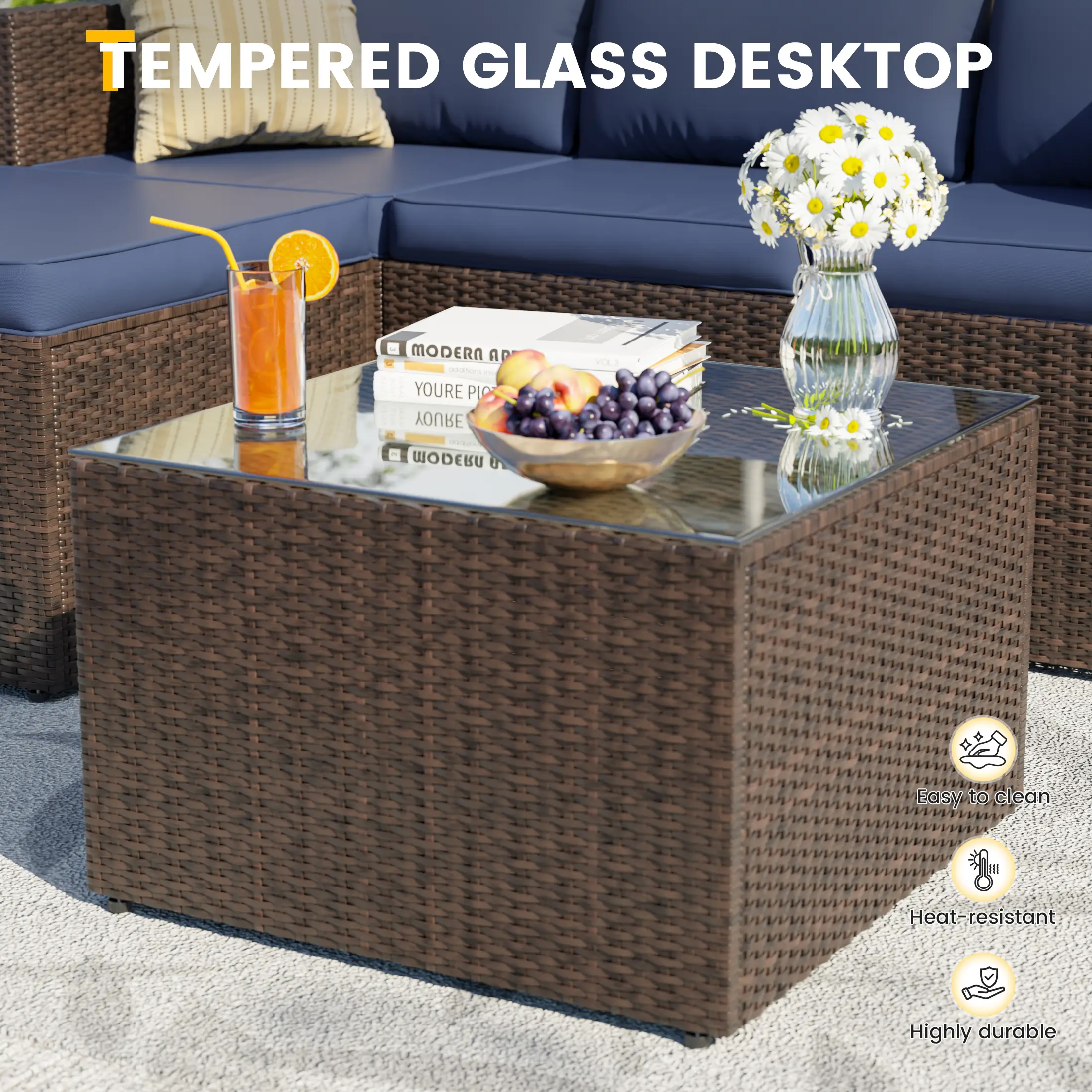 UDPATIO 5-Piece Patio Furniture Set,Outdoor Patio Furniture Set All-Weather Rattan Wicker Patio Conversation Set with Ottoman, Cushions & Glass Table for Garden & Backyard,Navy Blue