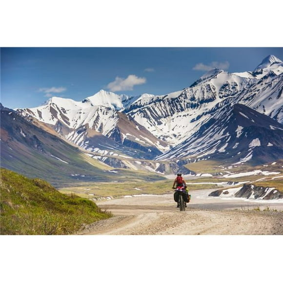 A Woman Bicycle Touring in Denali National Park Grassy Pass South Central Alaska Poster Print - 38 x 24 in. - Large