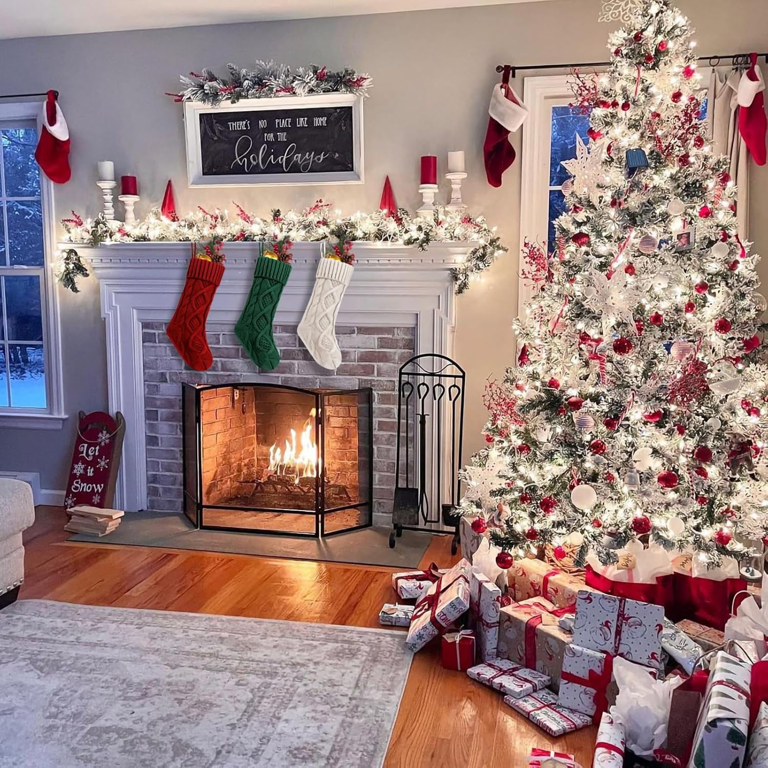 Christmas Stocking Sets 18 Inches Large Size Cable Knitted Stocking Gifts & Decorations for Family Holiday Xmas Party