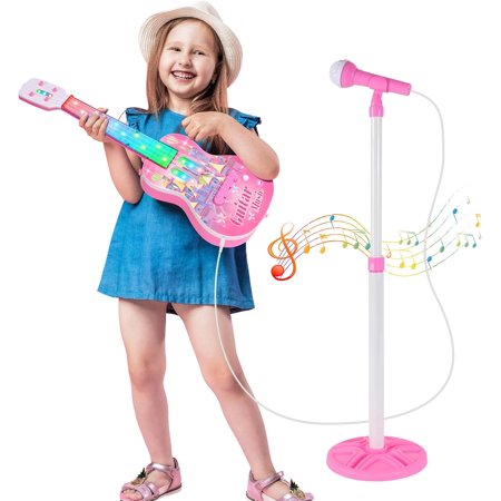 Kids Guitar Toys Musical Guitar Play Set with Karaoke Microphone and Adjustable Stand Electric Guitar Toys Starter Kit with 4 Strings Music&Colorful Light Musical Instrument Toy Gift for Boys Girls
