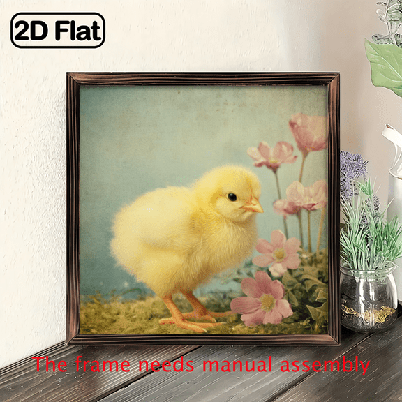 1pc 2D Flat Vintage Chick and Flowers Wood Framed Sign Rustic Farmhouse Decorative Wall Art, 8x8 inch, Springtime Easter Mother'S Day Kitchen Living Room Bedroom, Wall Hanging, Multipurpose Home D
